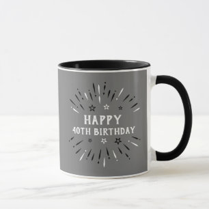Happy 40th Birthday Fireworks Grey Black White Mug