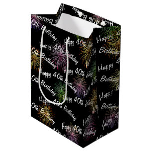 Happy 40th Birthday fireworks on black Medium Gift Bag