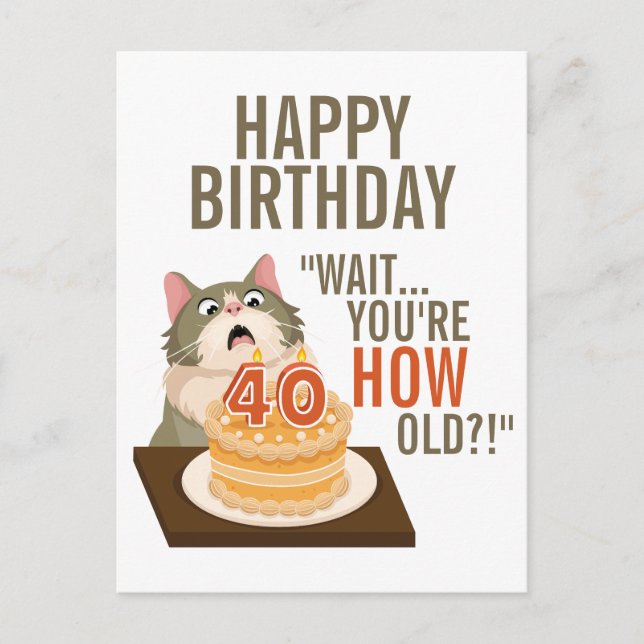 Happy 40th Birthday Funny Cat Humour Retro Joke Postcard (Front)