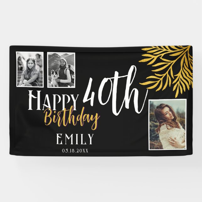 Happy 40th Birthday Gold Foliage 3 Photo Backdrop Banner (Horizontal)