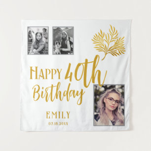 Happy 40th Birthday Gold Foliage 3 Photo Backdrop Tapestry