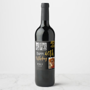 Happy 40th Birthday Gold Foliage 3 Photo Wine Label