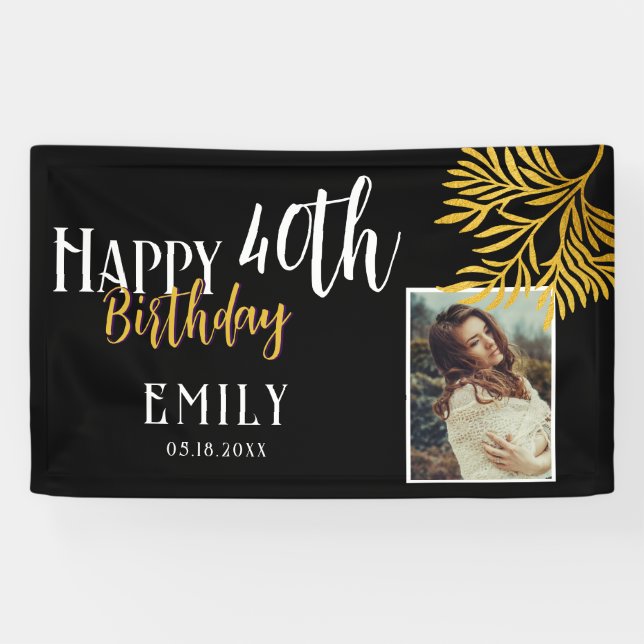 Happy 40th Birthday Gold Foliage Photo Backdrop Banner (Horizontal)