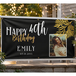 Happy 40th Birthday Gold Foliage Photo Backdrop Banner