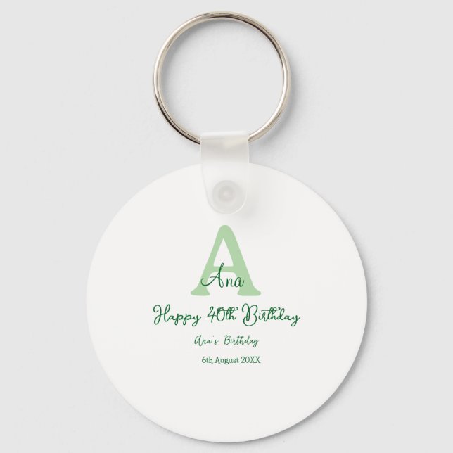 Happy 40th birthday green add name monogram modern key ring (Front)