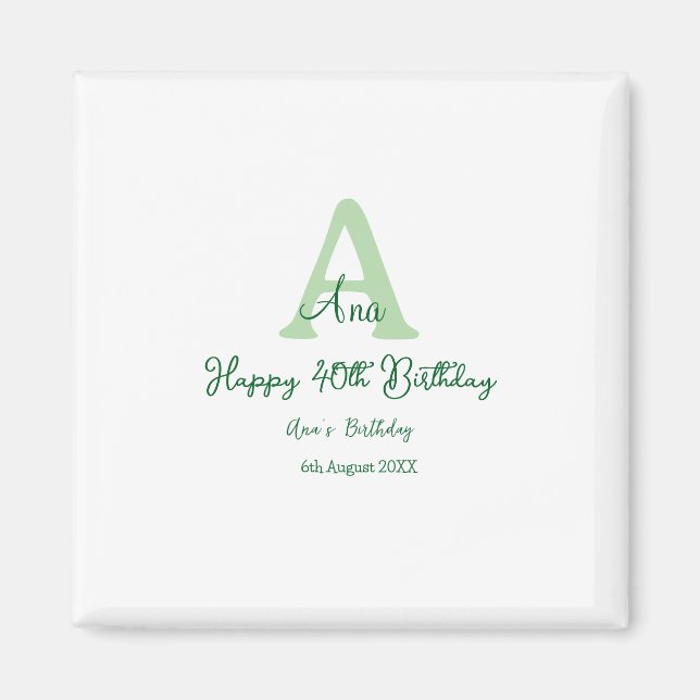 Happy 40th birthday green add name monogram modern magnet (Front)