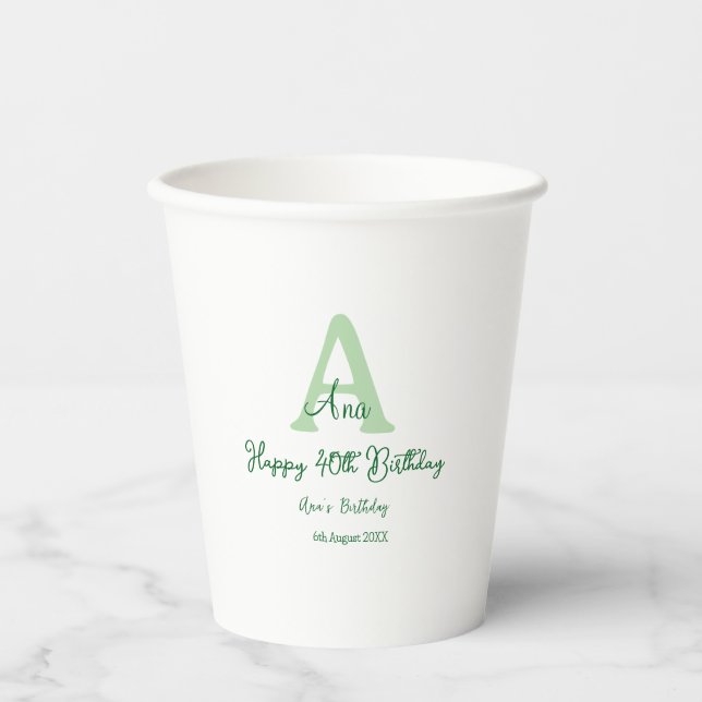 Happy 40th birthday green add name monogram modern paper cups (Front)