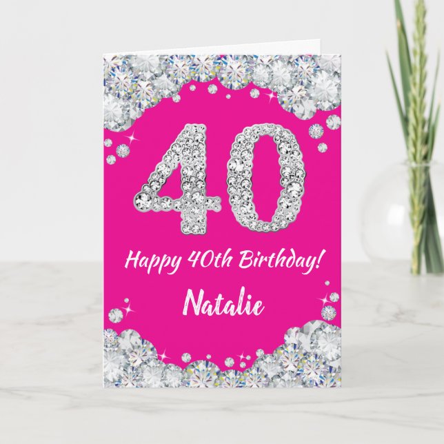 Happy 40th Birthday Hot Pink and Silver Glitter Card (Front)