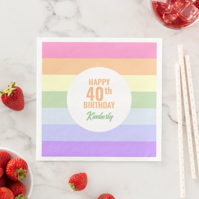 Happy 40th Birthday in Rainbow Stripes Napkin (Insitu)