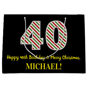 Happy 40th Birthday & Merry Christmas, Custom Name Large Gift Bag