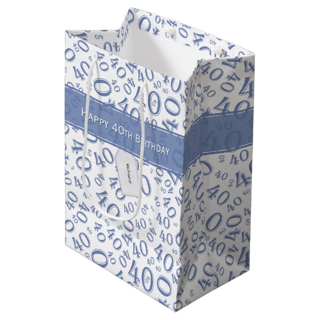 Happy 40th Birthday Number Pattern Blue/White (M) Medium Gift Bag (Front Angled)