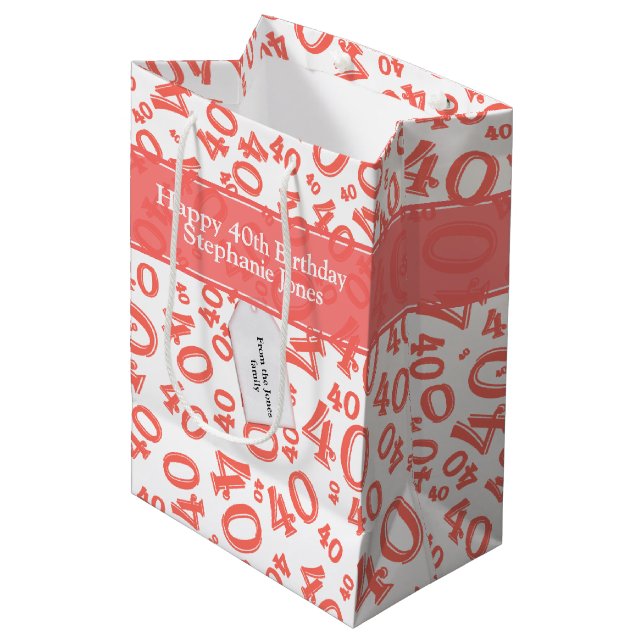 Happy 40th Birthday Number Pattern Coral/White 40 Medium Gift Bag (Front Angled)