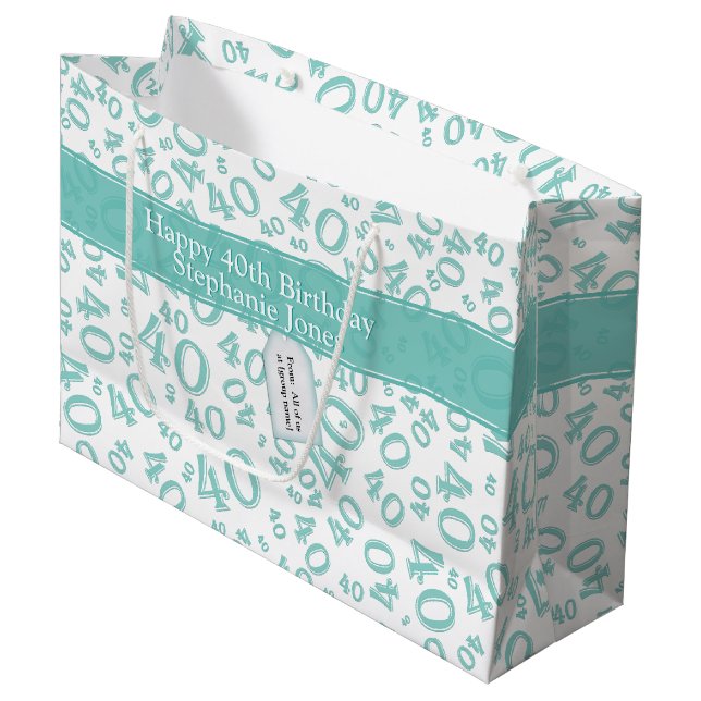 Happy 40th Birthday Number Pattern Teal and White Large Gift Bag (Front Angled)