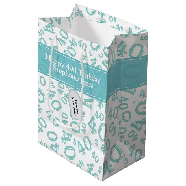 Happy 40th Birthday Number Pattern Teal/White 40 Medium Gift Bag (Front Angled)