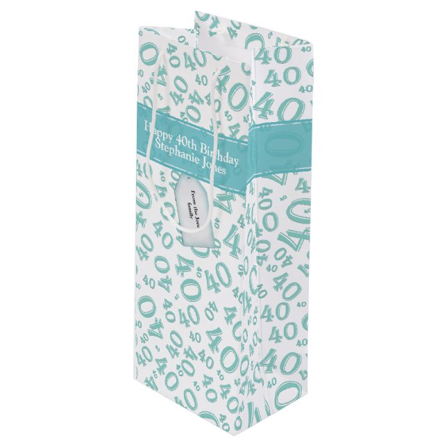 Happy 40th Birthday Number Pattern Teal/White 40 Wine Gift Bag (Front Angled)
