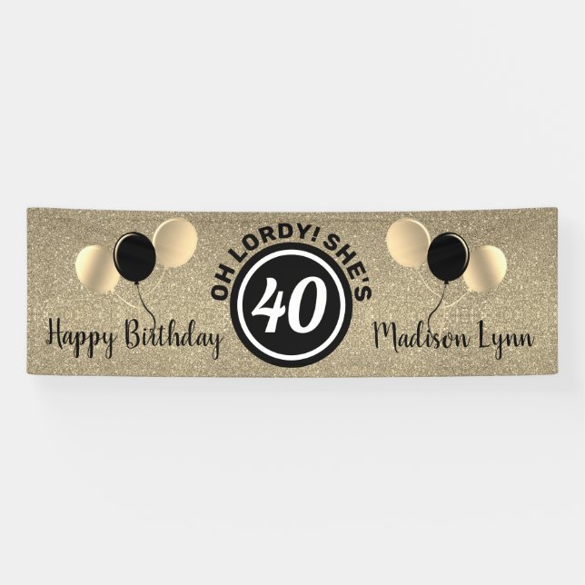 Happy 40th Birthday Party Black Gold Personalised Banner (Horizontal)
