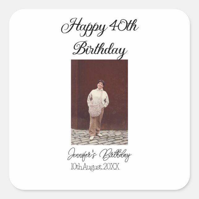 Happy 40th birthday photo modern simple minimal  square sticker (Front)