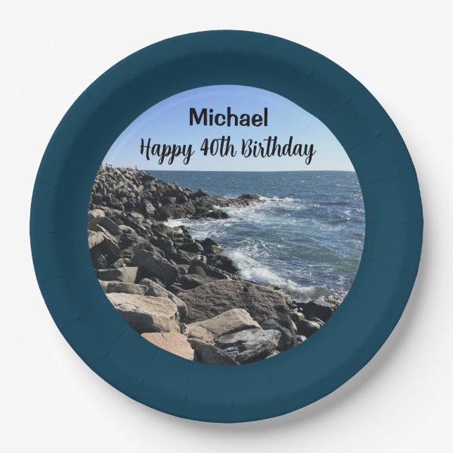 Happy 40th Birthday Photo of Ocean Deep Blue Paper Plate (Front)
