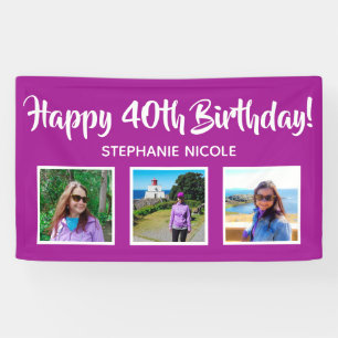 Happy 40th Birthday Pink Personalised 3 Photos Banner