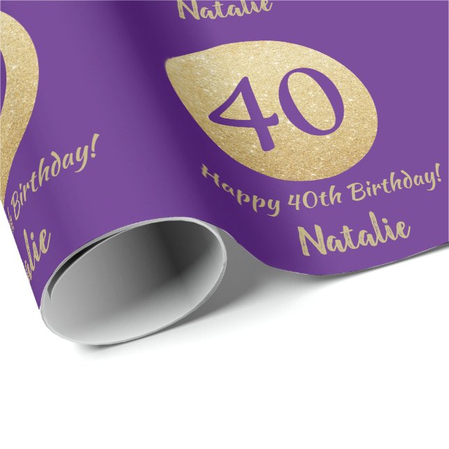 Happy 40th Birthday Purple and Gold Glitter Wrapping Paper (Roll Corner)