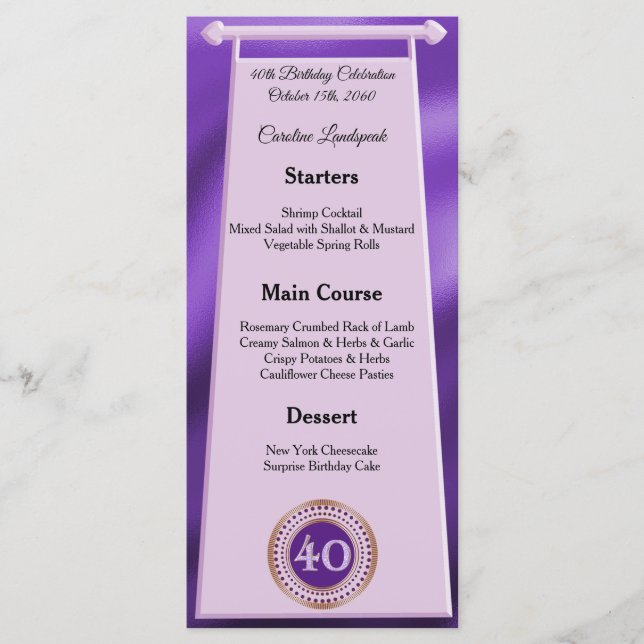 Happy 40th Birthday Purple Glitter Foil Menu (Front)