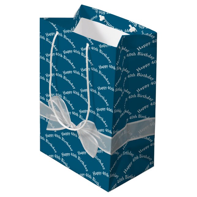 Happy 40th Birthday White Bow On Blue Medium Gift Bag (Back Angled)