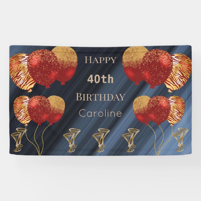 Happy 40th Birthday with Glitter Gold Red Balloons Banner (Horizontal)