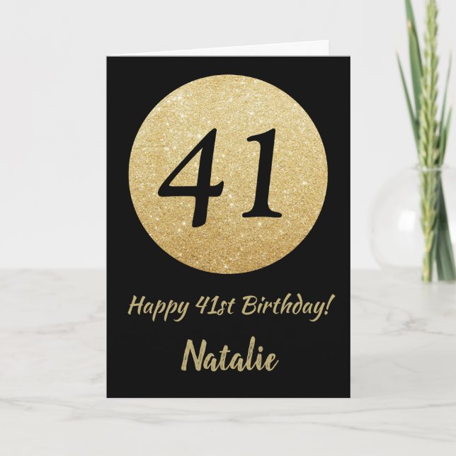 Happy 41st Birthday Black and Gold Glitter Card (Front)