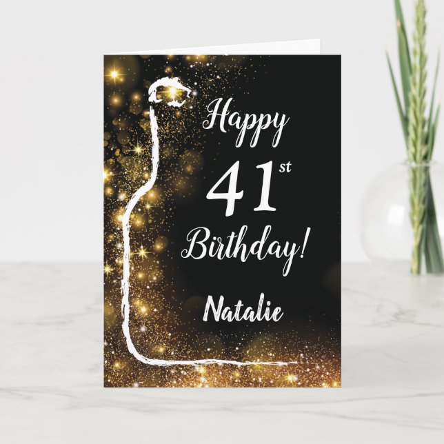 Happy 41st Birthday Black and Gold Glitter Wine Card (Front)