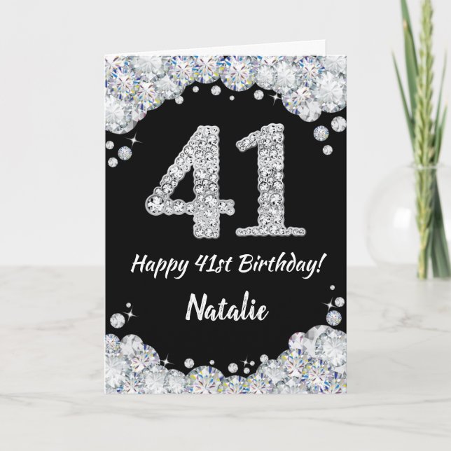 Happy 41st Birthday Black and Silver Glitter Card (Front)