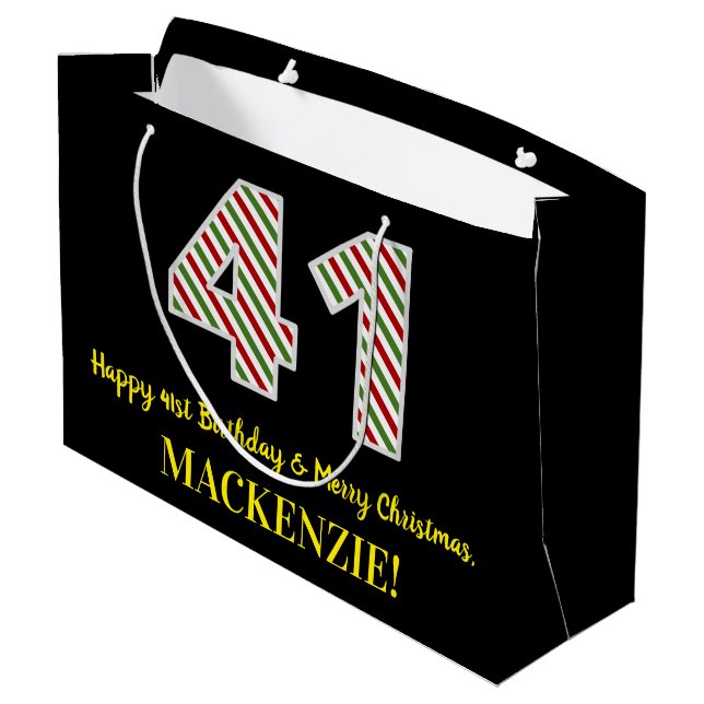 Happy 41st Birthday & Merry Christmas, Custom Name Large Gift Bag (Back Angled)