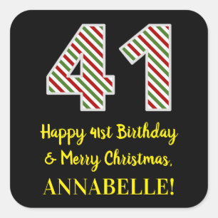 Happy 41st Birthday & Merry Christmas, Custom Name Square Sticker