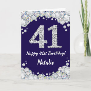Happy 41st Birthday Navy Blue and Silver Glitter Card