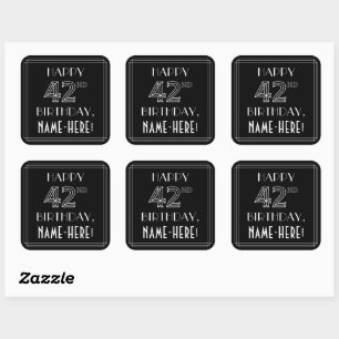 HAPPY 42ND BIRTHDAY; Art Deco Style; Custom Name Square Sticker