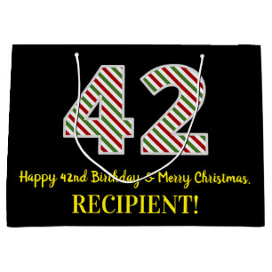 Happy 42nd Birthday & Merry Christmas, Custom Name Large Gift Bag