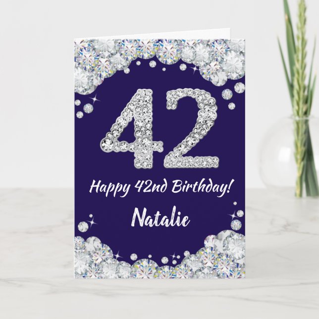 Happy 42nd Birthday Navy Blue and Silver Glitter Card (Front)