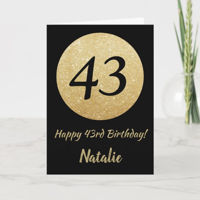 Happy 43rd Birthday Black and Gold Glitter Card (Front)