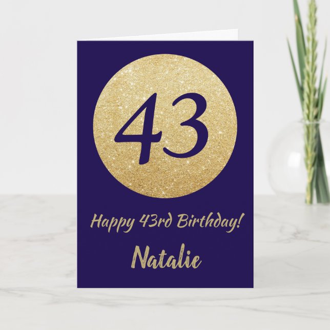 Happy 43rd Birthday Navy Blue and Gold Glitter Card (Front)