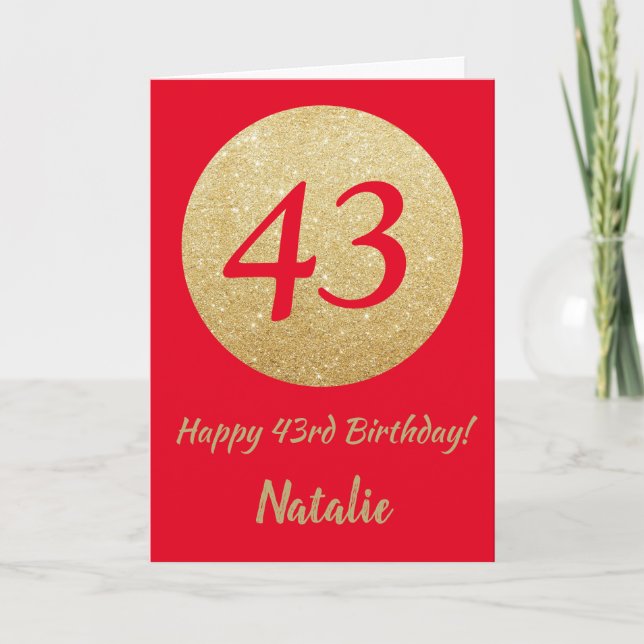 Happy 43rd Birthday Red and Gold Glitter Card (Front)