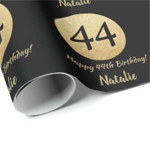 Happy 44th Birthday Black and Gold Glitter Wrapping Paper
