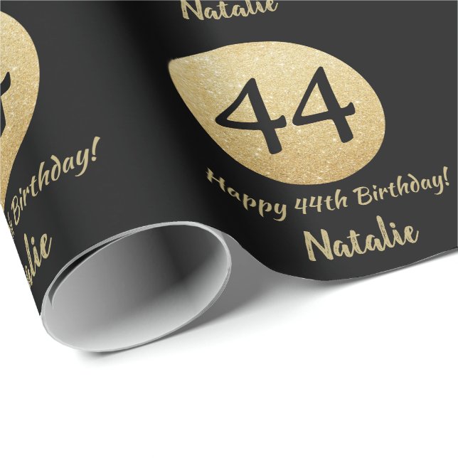 Happy 44th Birthday Black and Gold Glitter Wrapping Paper (Roll Corner)
