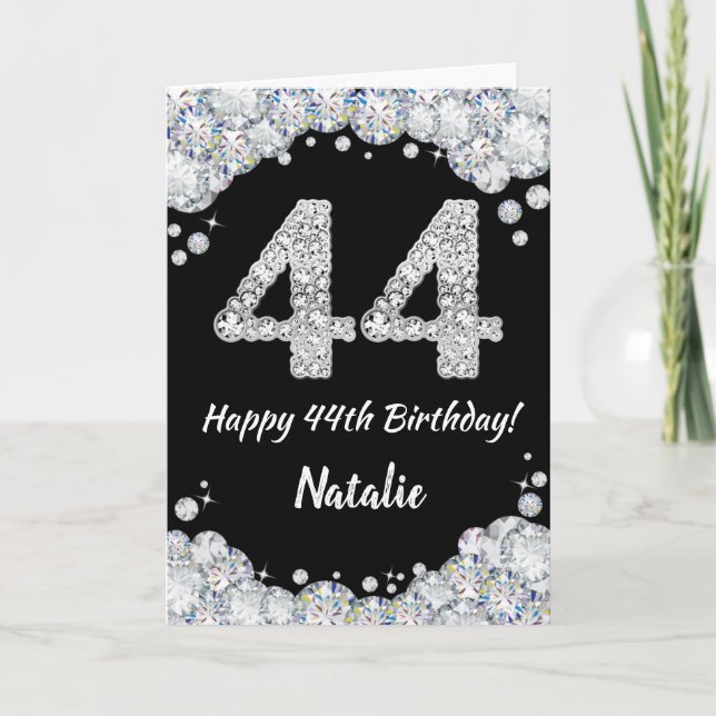 Happy 44th Birthday Black and Silver Glitter Card (Front)