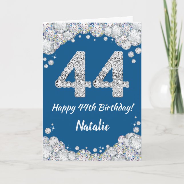 Happy 44th Birthday Blue and Silver Glitter Card (Front)