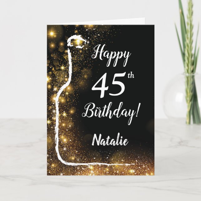 Happy 45th Birthday Black and Gold Glitter Wine Card (Front)