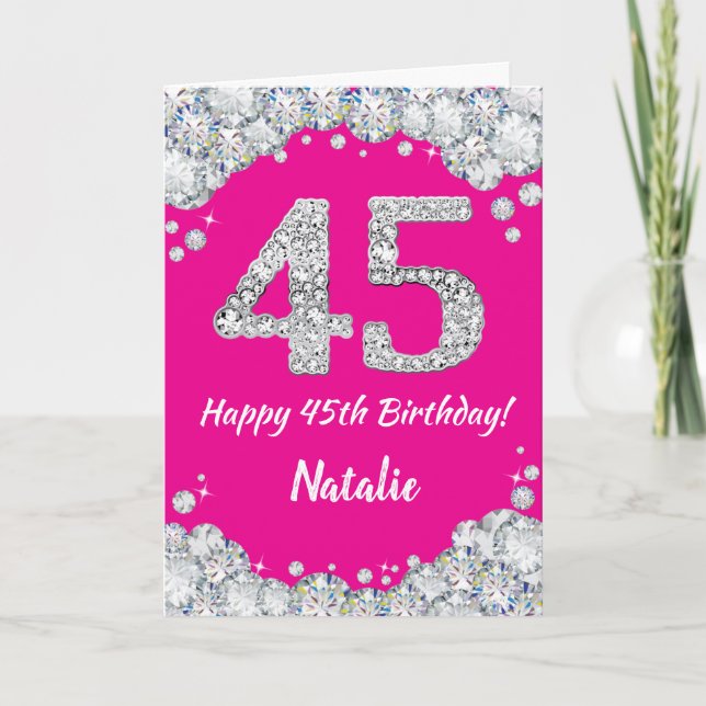 Happy 45th Birthday Hot Pink and Silver Glitter Card (Front)