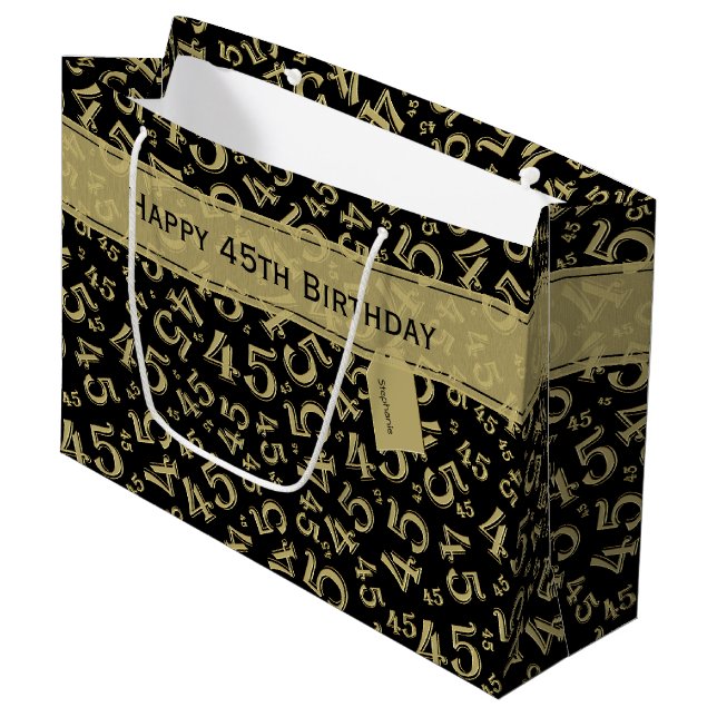 Happy 45th Birthday Number Pattern Black/Gold Large Gift Bag (Front Angled)