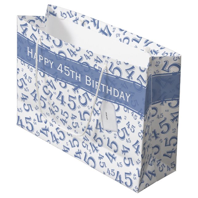Happy 45th Birthday Number Pattern Blue/White Large Gift Bag (Front Angled)