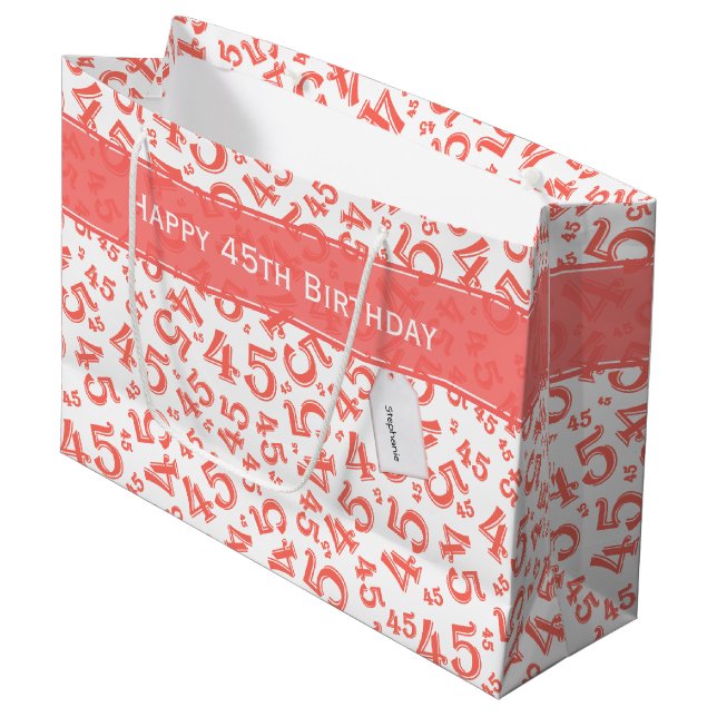 Happy 45th Birthday Number Pattern Coral/White Large Gift Bag (Front Angled)