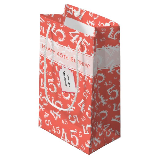 Happy 45th Birthday Number Pattern Coral/White Small Gift Bag (Front Angled)