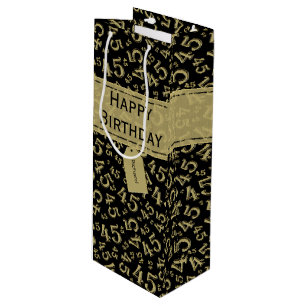 Happy 45th Birthday Number Pattern Gold/Black Wine Gift Bag